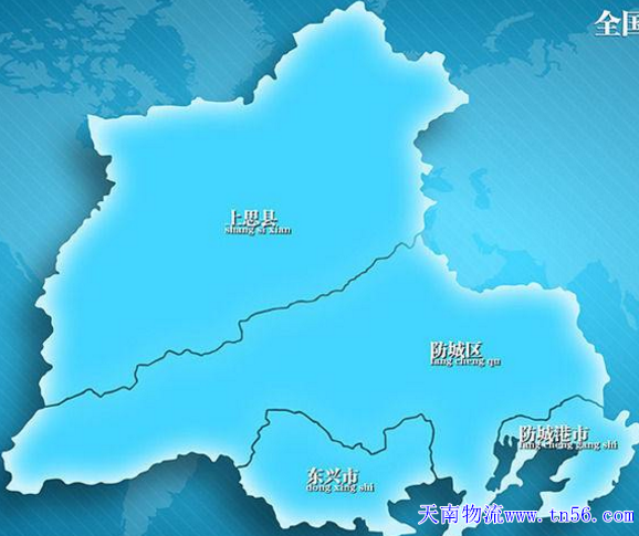东莞到防城港市物流地图