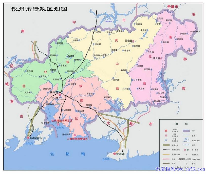 江门到钦州市物流地图